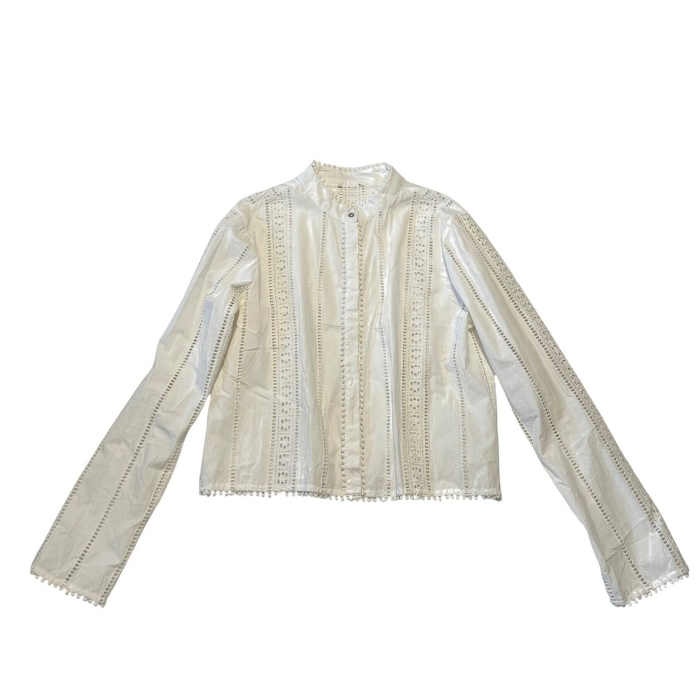 White Cotton Eyelet Lace Blouse Mandarin Collar Pom Pom Trim Long Sleeve Top